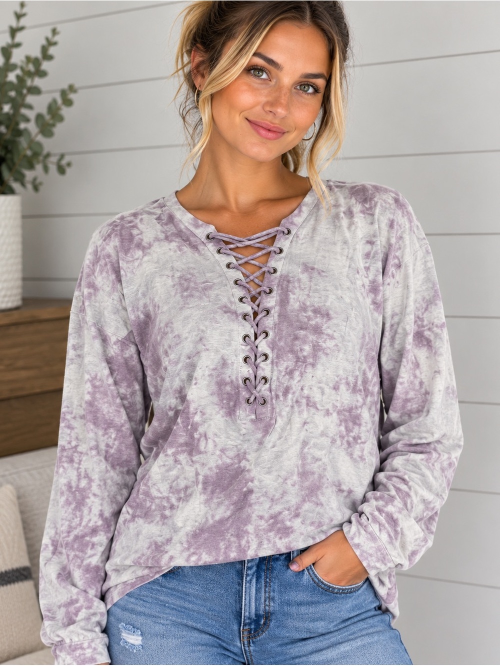 American Eagle Outfitters Lavender Tie-Dye Lace-Up Long Sleeve Top-NWOT